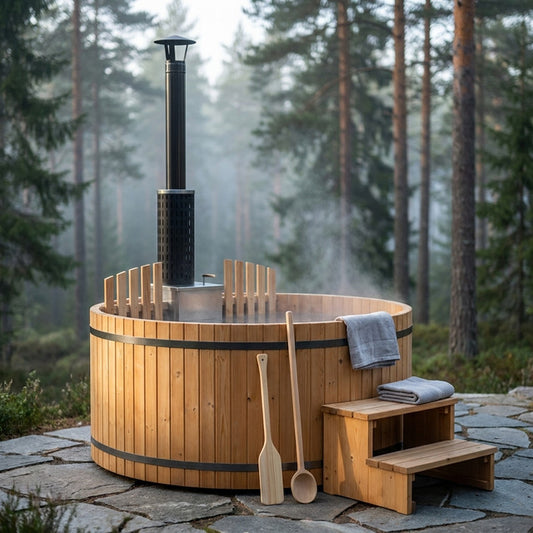Wood Fired 4-Person to 5-Person 0-Jet Hot Tub and Ice Bath with Internal Stove Pine — Studio Shot