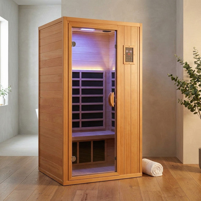 1 Person Extendable FAR Infrared Sauna for Home, Hemlock Wood Low EMF 6 Carbon Heaters Indoor Saunas with LED Lights, Bluetooth Speaker, Digital Control Panel, and Seating Bench — Studio Shot