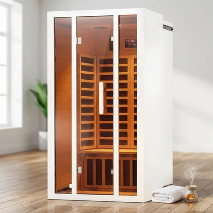 2 Person Extendable FAR Infrared Sauna for Home, Hemlock Wood Low EMF 6 Carbon Heaters Indoor Saunas with LED Lights, Bluetooth Speaker, Digital Control Panel, and Seating Bench — Studio Shot