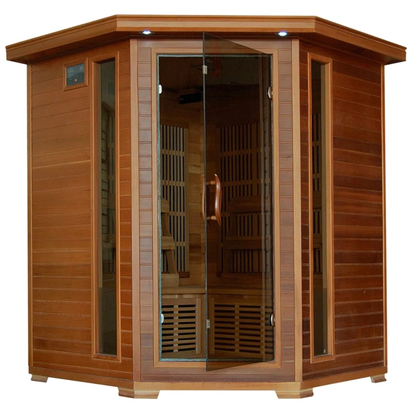 4-Person Cedar Corner Infrared Sauna with 10 Carbon Heaters