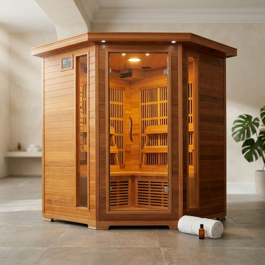 4-Person Cedar Corner Infrared Sauna with 10 Carbon Heaters — Studio Shot