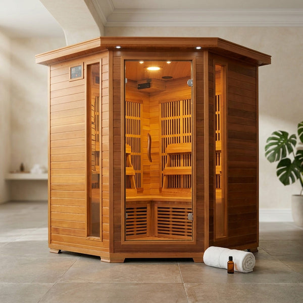4-Person Cedar Corner Infrared Sauna with 10 Carbon Heaters — Studio Shot